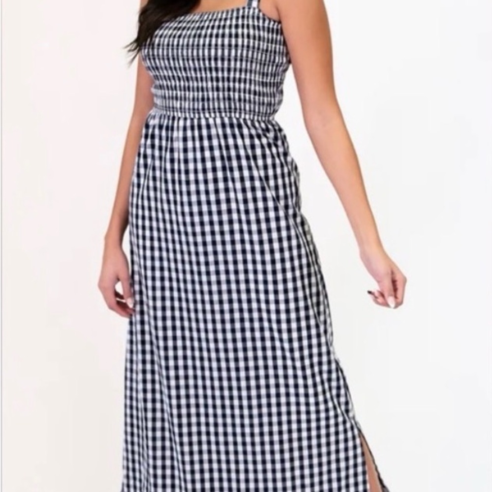 Elegant Blue and White Checkered Maxi Dress